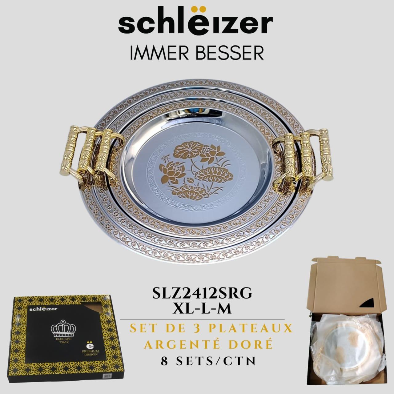 طقم صواني تقديم شلايزر 3 قطع (M-L-XL) بتصميم فاخر باللون الفضي مع لمسة ذهبية راقية ومقابض أنيقة