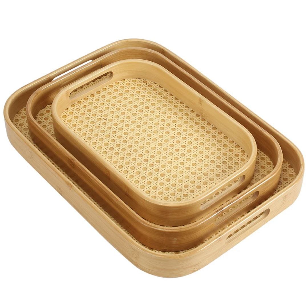 طقم صواني تقديم من الخشب الطبيعي مع قاع من القش (3 قطع)