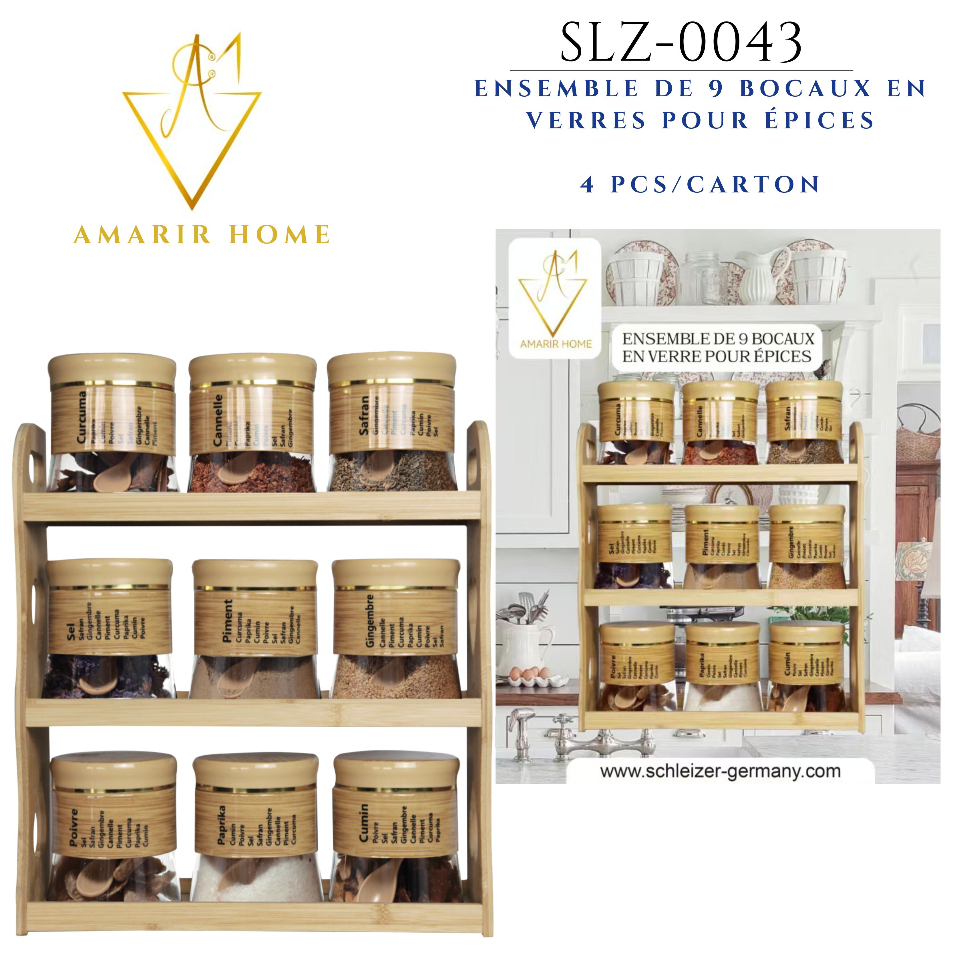 طقم علب توابل زجاجية مكوّن من 9 قطع مع حامل خشبي أنيق