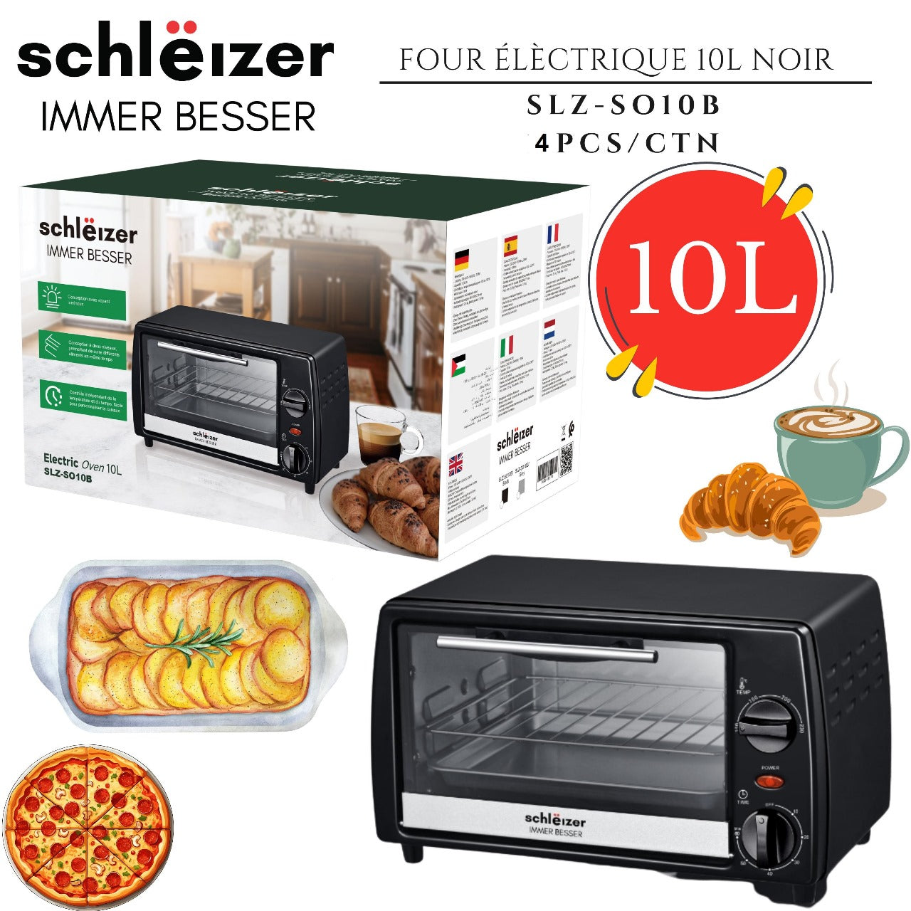 فرن كهربائي بسعة 10 لتر من Schleizer، بتصميم عصري باللون الأسود